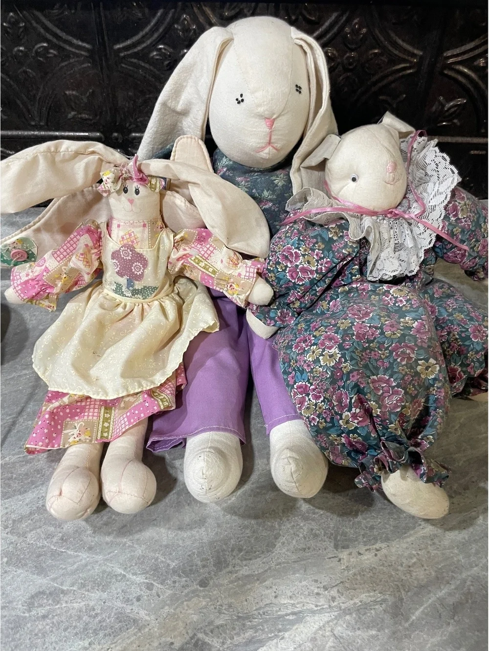 Lot of 3 Vintage Country Bunny Rabbit Cloth Dolls Primitive Easter Farmhouse